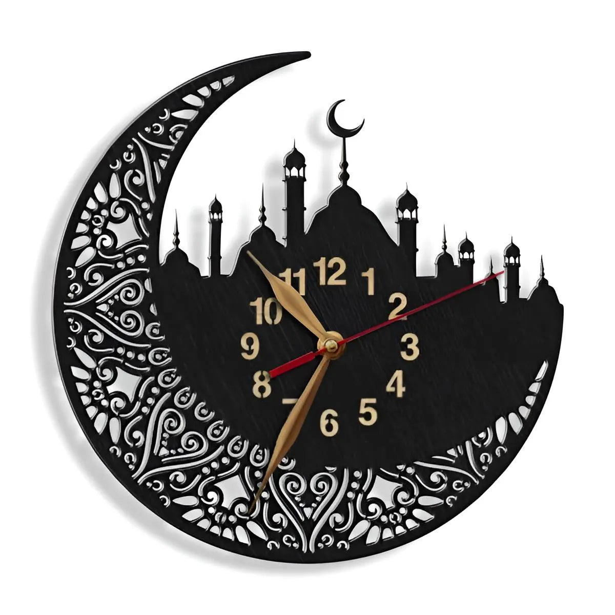 Islamic clock showing minarets and crescent finial