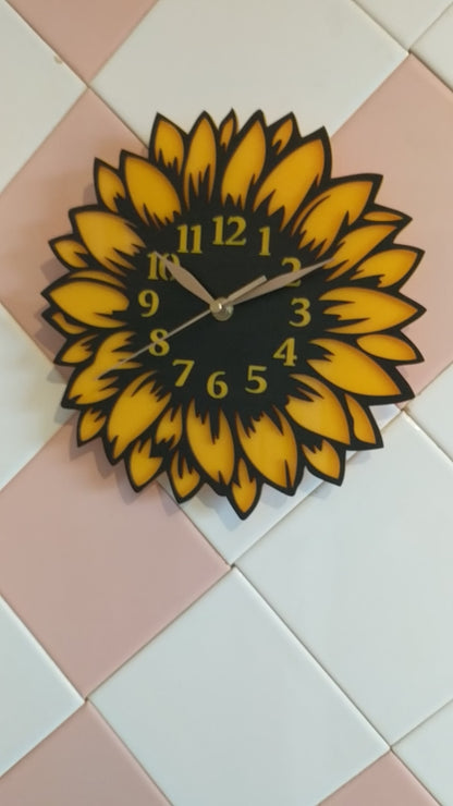 Sunflower Wall Clock | Black on Yellow Floral Decorative Clock | Sizes 10, 12 inches