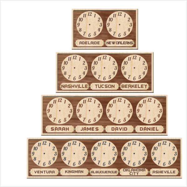 Wooden multi-dial wall clock showing different time zones in a minimalist style.