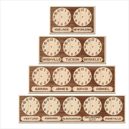 Wooden multi-dial wall clock showing different time zones in a minimalist style.