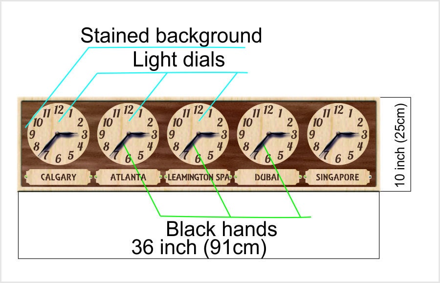 Laser-cut wooden world clock with several clock faces for international coordination.