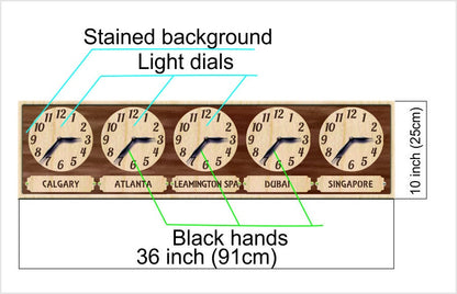 Laser-cut wooden world clock with several clock faces for international coordination.