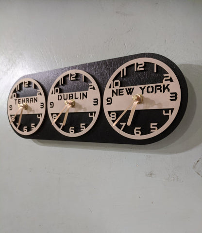 A wooden wall clock with multiple circular clock faces displaying different time zones with city names.