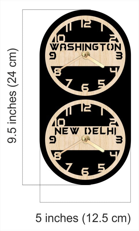 Two wall clocks with US city names.