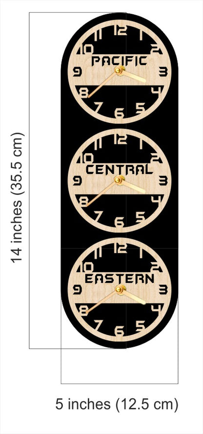 Vertical clock with Pacific, Central, and Eastern time zones. 