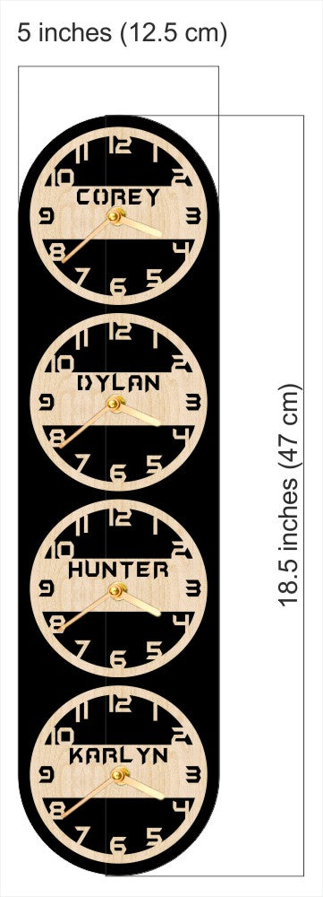 Set of four wall clocks with names
