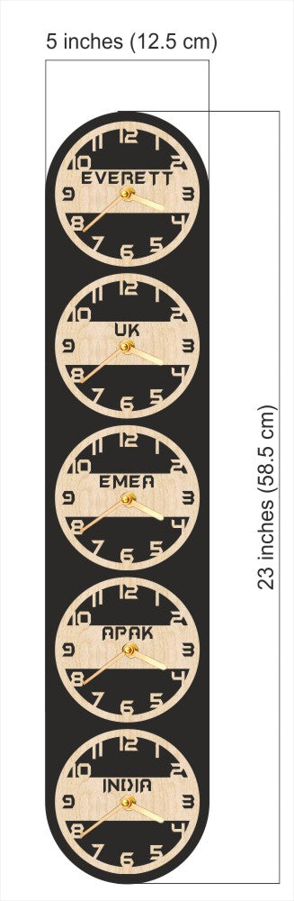 Vertical wall clock with various world time zones labeled on a black background